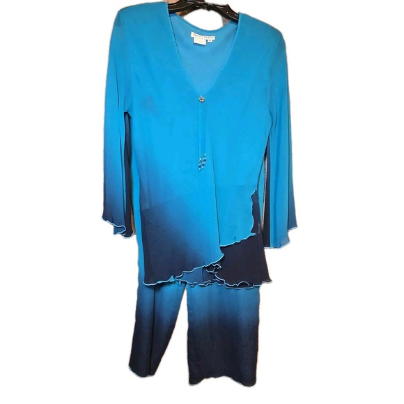 Pants - Nancy Bolen City‎ Girl Women's Sz  M Blue/Black Ombre 100% Silk 2pc Pant Suit
